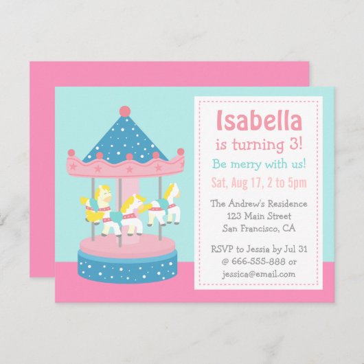 メリー円形、回転木馬の誕生日のパーティの招待状は行きます 招待状 (正面/裏面)