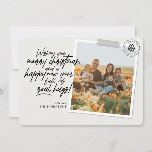 メリー実在スクリスマスのハグのスクリプトのグレーの写真 シーズンカード (正面)