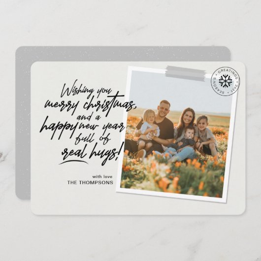 メリー実在スクリスマスのハグのスクリプトのグレーの写真 シーズンカード (正面/裏面)