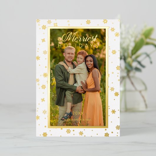 メリー引用文エレガント雪片Photo 箔シーズンカード (立ち正面)
