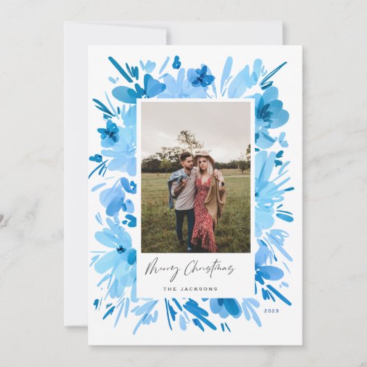 メリー抽象芸術ブルーフローラクリスマスデザイン シーズンカード (正面)