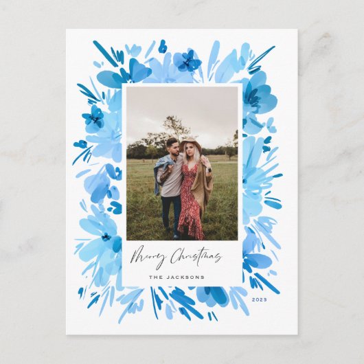 メリー抽象芸術ブルーフローラクリスマスデザイン シーズンポストカード (正面)