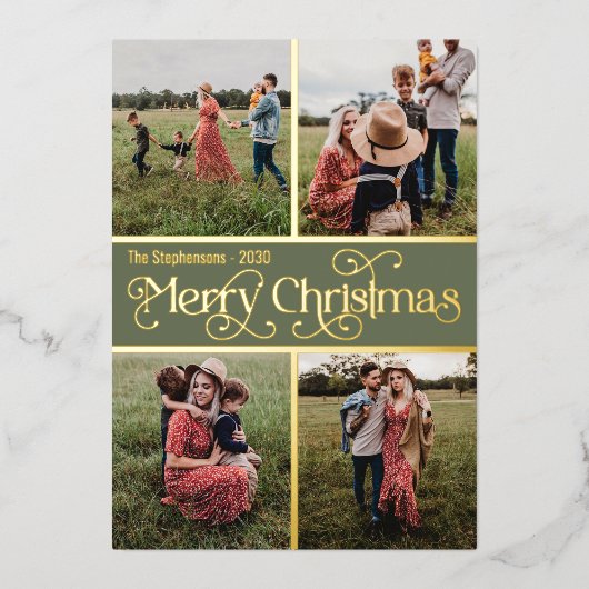メリー数々のクリスマス写真金ゴールド 箔シーズンカード (正面)