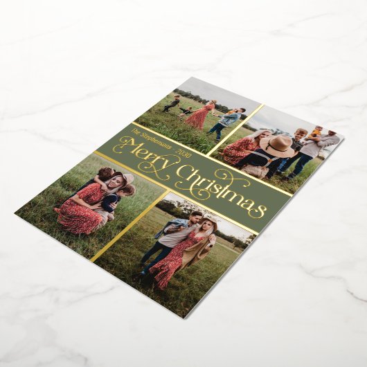 メリー数々のクリスマス写真金ゴールド 箔シーズンカード (回転した状態)