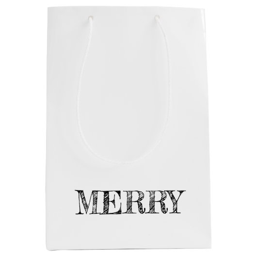 メリー文字モダンクリスマスおもしろいブラック ミディアムペーパーバッグ (正面)
