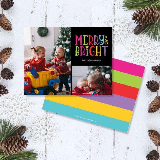 メリー明るいカラフルのストライプ2 – 写真クリスマス シーズンカード