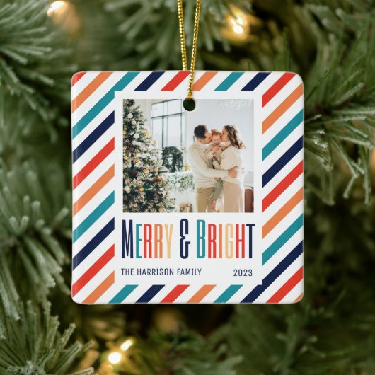メリー明るいレトロカラフルストライプ写真 セラミックオーナメント (ツリー)