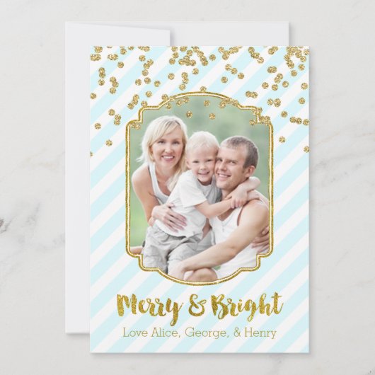 メリー明るい金ゴールドスカイブルーストライプフォトカード シーズンカード (正面)