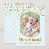メリー明るい金ゴールドスカイブルーストライプフォトカード シーズンカード (正面/裏面)