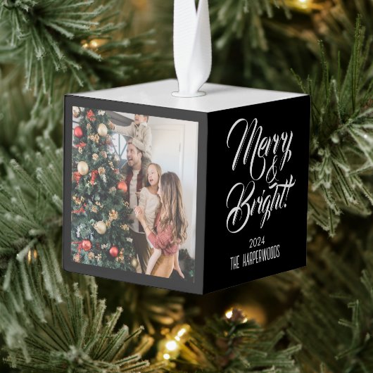 メリー明るい |エレガントクリスマス3家族の写真 キューブオーナメント (ツリー)