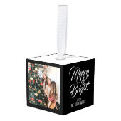 メリー明るい |エレガントクリスマス3家族の写真 キューブオーナメント (正面アングル)