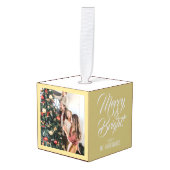 メリー明るい |エレガントクリスマス3家族の写真 キューブオーナメント (正面アングル)