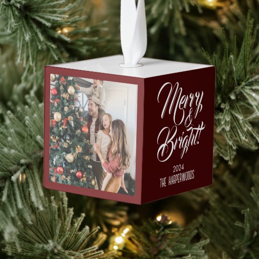 メリー明るい |エレガントクリスマス3家族の写真 キューブオーナメント (ツリー)