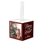 メリー明るい |エレガントクリスマス3家族の写真 キューブオーナメント (正面アングル)