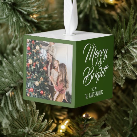 メリー明るい |エレガントクリスマス3家族の写真 キューブオーナメント (ツリー)