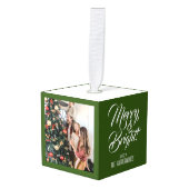 メリー明るい |エレガントクリスマス3家族の写真 キューブオーナメント (正面アングル)