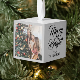 メリー明るい |エレガントクリスマス3家族の写真 キューブオーナメント