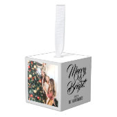 メリー明るい |エレガントクリスマス3家族の写真 キューブオーナメント (正面アングル)