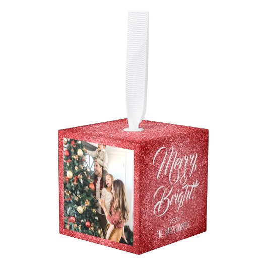 メリー明るい |グリッタークリスマス3家族の写真 キューブオーナメント (正面アングル)