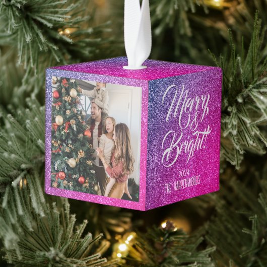 メリー明るい |グリッタークリスマス3家族の写真 キューブオーナメント (ツリー)