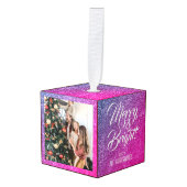 メリー明るい |グリッタークリスマス3家族の写真 キューブオーナメント (正面アングル)