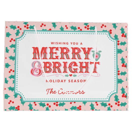 メリー明るい | ピンクと赤のホリー | カスタマイズ ラージペーパーバッグ (裏面)