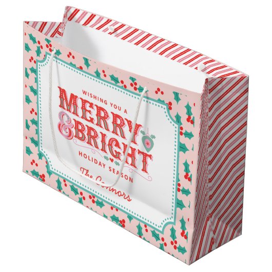 メリー明るい | ピンクと赤のホリー | カスタマイズ ラージペーパーバッグ (正面アングル)