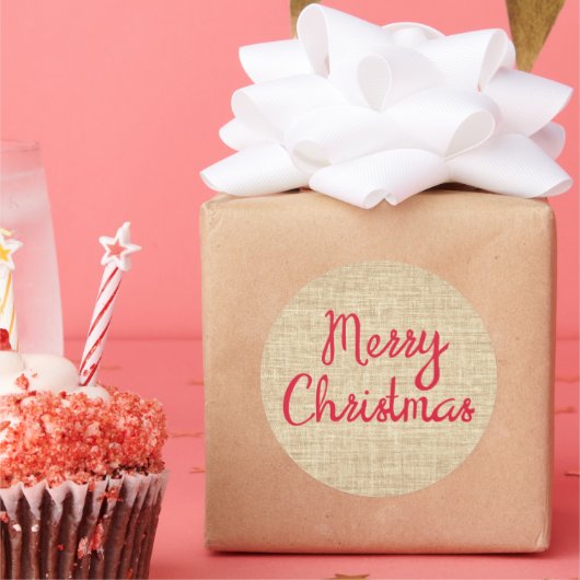 メリー素朴クリスマスのバーラッププリントレッドとタン ラウンドシール (パーティー)