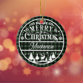 メリー素朴クリスマスグリーン&ブラックプレイドカスタム セラミックオーナメント