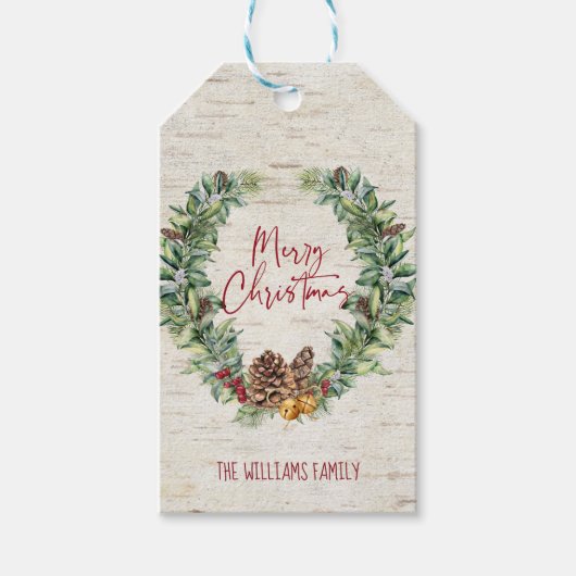 メリー素朴クリスマススクリプトリース樺の木樹皮 ギフトタグ (正面)