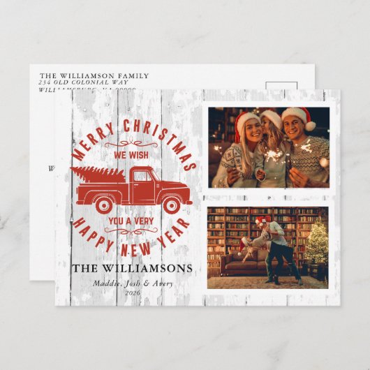 メリー素朴クリスマスツリー赤いトラックの写真 シーズンポストカード (正面/裏面)