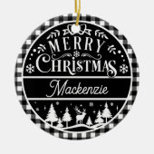 メリー素朴クリスマスブラック&ホワイトプレイドカスタム セラミックオーナメント (正面)