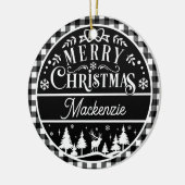 メリー素朴クリスマスブラック&ホワイトプレイドカスタム セラミックオーナメント (左)