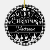 メリー素朴クリスマスブラック&ホワイトプレイドカスタム セラミックオーナメント (裏面)