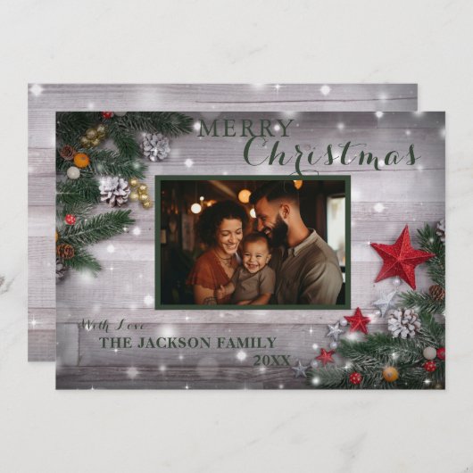 メリー素朴クリスマス家族の写真カード 招待状 (正面/裏面)