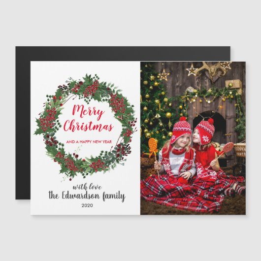 メリー素朴クリスマス家族の磁気フォトカード (正面/裏面)
