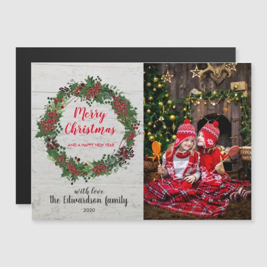メリー素朴クリスマス家族の磁気フォトカード (正面/裏面)