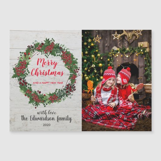 メリー素朴クリスマス家族の磁気フォトカード (正面)