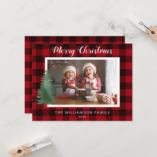 メリー素朴クリスマス水牛のプレイド家族の写真 カード (正面/裏面インサイチュ)