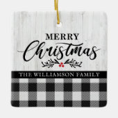 メリー素朴クリスマス水牛のプレイド家族の写真 セラミックオーナメント (正面)