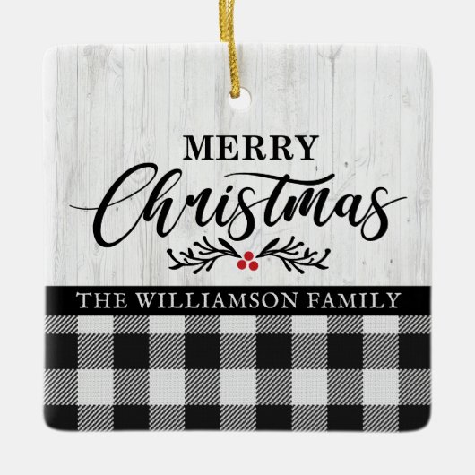 メリー素朴クリスマス水牛のプレイド家族の写真 セラミックオーナメント (正面)
