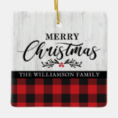 メリー素朴クリスマス水牛のプレイド家族の写真 セラミックオーナメント (正面)