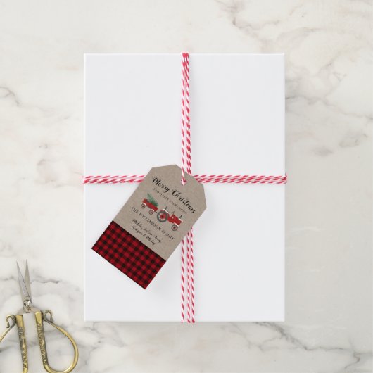 メリー素朴クリスマス赤い格子縞の休日 ギフトタグ (より糸付き)