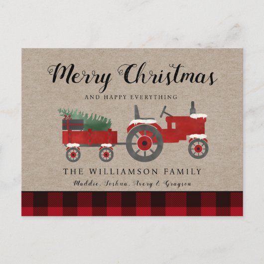 メリー素朴クリスマス赤い格子縞の休日 ポストカード (正面)