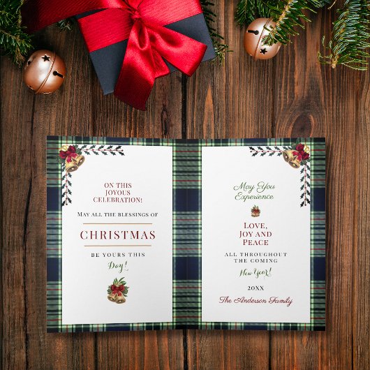 メリー素朴スクリスマスブルー赤い格子柄1枚の写真 カード