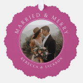 メリー結婚したはっきりしたPink Newlywedsの結婚写真 オーナメントカード (正面)