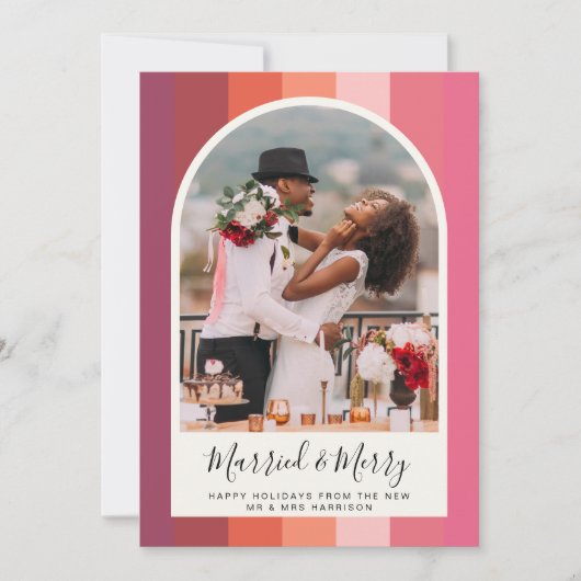 メリー結婚したクリスマスのアーチ写真ピンクオレンジ シーズンカード (正面)
