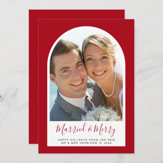 メリー結婚したクリスマスのアーチ写真赤 シーズンカード (正面/裏面)