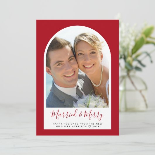 メリー結婚したクリスマスのアーチ写真赤 シーズンカード (スタンド正面)