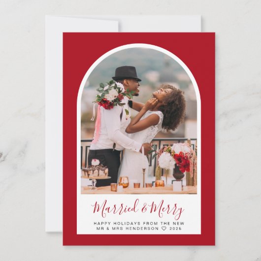 メリー結婚したクリスマス写真アーチ型フレームレッド シーズンカード (正面)